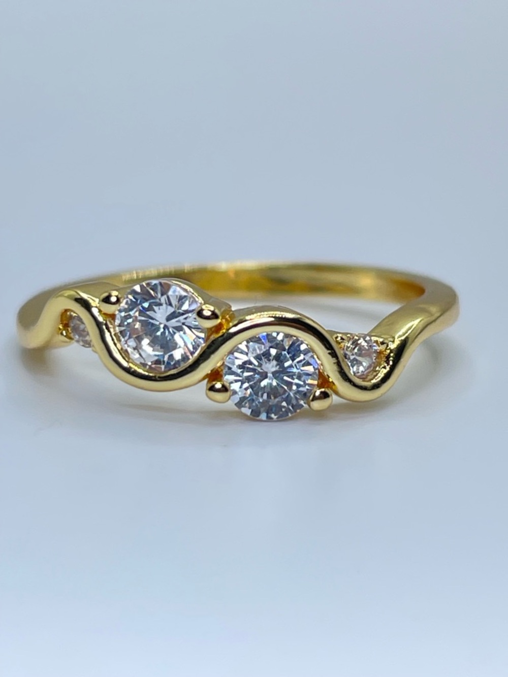 Gold Diamond White CZ Wave Ring Band Dainty Stackable Petite Boho Timeless
